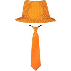 Carnaval verkleed set - hoedje en stropdas - oranje - dames/heren
