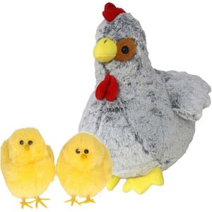 Pluche kip knuffel - 30 cm - grijs - met 2x gele kuikens 9 cm - kippen familie