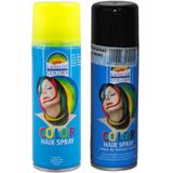 Set van 2x kleuren haarverf/haarspray van 111 ml - Zwart en Fluor Geel - Carnaval verkleed spullen