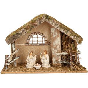 Complete kerststal met 3x st kerststal beelden - 42 x 19 x 30 cm - hout/polyresin