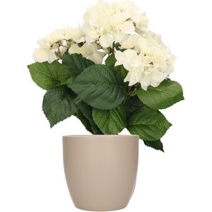 Hortensia kunstplant met bloemen wit - in pot taupe - 40 cm hoog