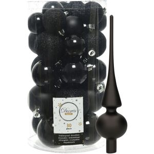 Decoris kerstballen 30x stuks - zwart 4/5/6 cm kunststof mat/glans/glitter mix en mat glazen piek 26 cm