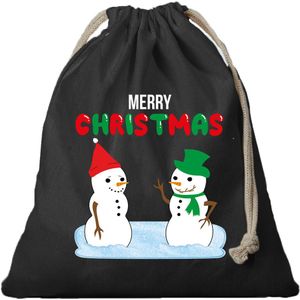 1x Kerst Sneeuwpoppen cadeauzakje zwart met sluitkoord - katoenen / jute zak - Kerst cadeauverpakking zakjes