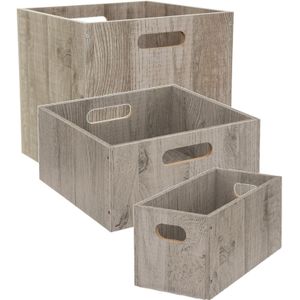 Set van 3x stuks opbergmanden/kastmanden 7/14/29 liter grijs van hout 31 cm - Opbergboxen - Vakkenkast manden