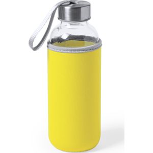 Glazen waterfles/drinkfles met gele softshell bescherm hoes 420 ml - Sportfles - Bidon