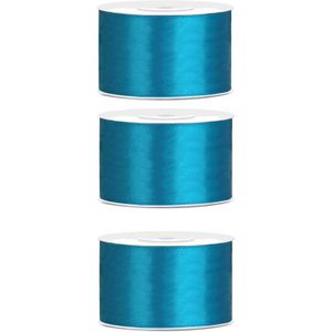 3x Hobby/decoratie turquoise satijnen sierlinten 3,8 cm/38 mm x 25 meter - Cadeaulint satijnlint/ribbon - Turquoise linten - Hobbymateriaal benodigdheden - Verpakkingsmaterialen