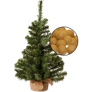 Mini kunst kerstboom groen - met verlichting bollen lichtsnoer geel oker - H60 cm