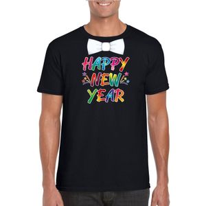 Happy new year t-shirt met vlinderstrikje voor oud en nieuw voor heren - zwart - Nieuwjaarsborrel kleding