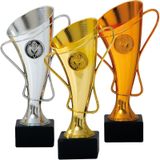 Luxe trofee/prijs beker - set van 3x - brons/goud/zilver - metaal - 20 x 10 cm