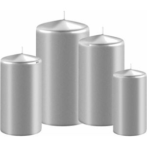 Set van 4x stuks metallic zilveren stompkaarsen 8-10-12-15 cm met diameter 6 cm - Sfeer kaarsen voor binnen