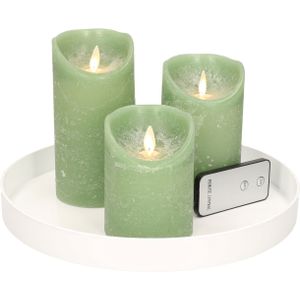 Ronde kaarsenplateau wit van kunststof D27 cm met 3 jade groene LED-kaarsen 10/12,5/15 cm - Tafeldecoratie
