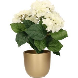 Hortensia kunstplant met bloemen wit - in pot goud - 40 cm hoog