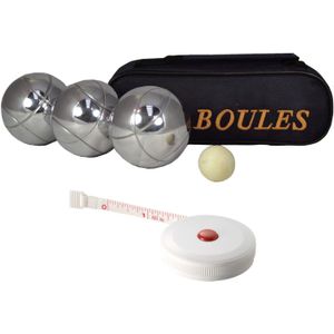 Jeu de boules set 3 ballen/1 but in draagtas + compact meetlint/rolmaat 1,5 meter - Kaatsbal - Petanque - Cochonnette - Boulen - Sportief/actief buitenspeelgoed