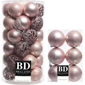 43x stuks kunststof kerstballen lichtroze (blush pink) 6 en 8 cm glans/mat/glitter mix - Kerstversiering