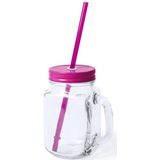 4x stuks Glazen Mason Jar drinkbekers roze dop en rietje 500 ml - afsluitbaar/niet lekken/fruit shakes