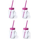 4x stuks Glazen Mason Jar drinkbekers roze dop en rietje 500 ml - afsluitbaar/niet lekken/fruit shakes