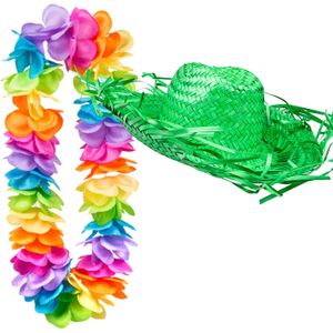 Carnaval verkleedset - Tropical Hawaii party - strohoed groen - en volle bloemenslinger multi colours - voor dames