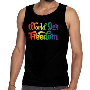Gaypride world gay freedom tanktop/mouwloos shirt  - zwart regenboog homo singlet voor heren - gaypride