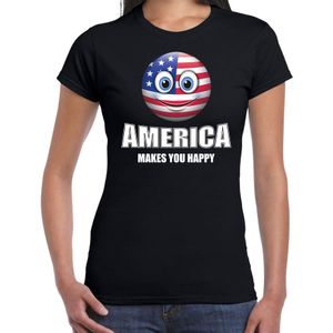 America makes you happy landen t-shirt Amerika met emoticon - zwart - dames -  Amerika landen shirt met Amerikaanse vlag - WK / Olympische spelen outfit / kleding