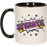 Sterkte cadeau koffiemok / theebeker wit en zwart met sterren - 300 ml - keramiek - cadeau beker / sterkte mok