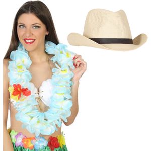 Carnaval verkleedset - Tropical Hawaii party - stro cowboy hoed - en volle bloemenslinger lichtblauw - voor volwassenen