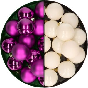 Decoris - kerstballen 32x st - mix wol wit/paars - 4 cm - kunststof - kerstversiering