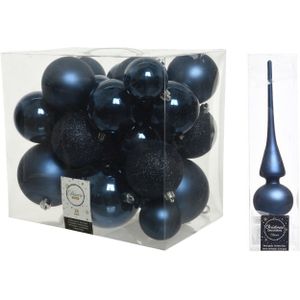 Kerstversiering kunststof kerstballen donkerblauw 6-8-10 cm pakket van 27x stuks - Met mat glazen piek van 26 cm