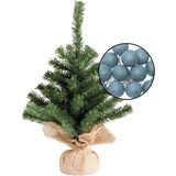 Mini kunst kerstboom groen - met verlichting bollen blauw - H45 cm