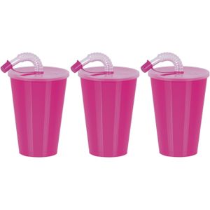 Juypal Drinkbeker met deksel en rietje - 6x - roze - kunststof - 450 ml - 12 x 9 cm