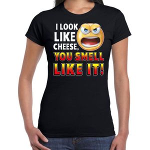 Funny emoticon t-shirt I look like cheese you smell like it zwart voor dames - Fun / cadeau shirt