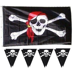 Piraten feestje/verjaardag versiering set 2x vlaggenlijnen en 1x piratenvlag 90 x 150 cm