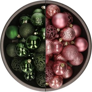 Bellatio Decorations Kerstballen mix - 74-delig - donkergroen en velvet roze - 6 cm - kunststof