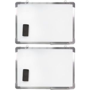 2x stuks magnetische whiteboards met pennengoot en wisser voor kantoor of thuis 70 x 50 cm - Kantoorbenodigdheden - Schoolborden