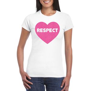 Bellatio Decorations Gay Pride T-shirt voor dames - respect - wit - roze glitter hart - LHBTI