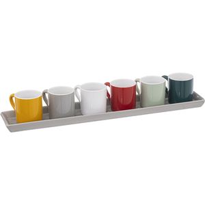 Espresso/koffie kopjes set - 6x - met dienblad - aardewerk kopjes - 90ml - diverse kleuren