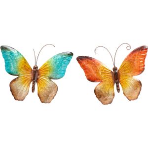 Anna Collection Wanddecoratie vlinders - 2x - blauw/oranje - 44 x 32 cm - metaal - muurdecoratie - tuin beelden van dieren