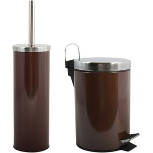 MSV Toiletborstel in houder/pedaalemmer set Napoli - metaal - kastanje bruin