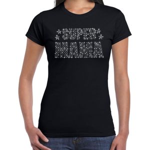 Glitter Super Mama t-shirt zwart met steentjes/ rhinestones voor dames - Moederdag cadeaus - Glitter kleding/ foute party outfit