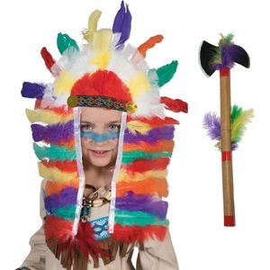 Indiaan verkleed accessoire set hoofdtooi en bijl - Carnaval verkleed accessoires indiaan