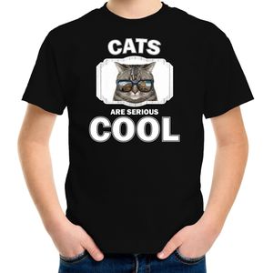 Dieren katten t-shirt zwart kinderen - cats are serious cool shirt  jongens/ meisjes - cadeau shirt coole poes/ katten liefhebber - kinderkleding / kleding