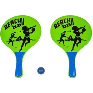 Houten beachball set groen met beachball print- Strand balletjes - Rackets/batjes en bal - Tennis ballenspel