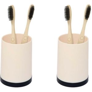 Concorde - Badkamer tandenborstelhouder/drinkbeker - 2x stuks - kunststof beige/zwart 8 x 10 cm