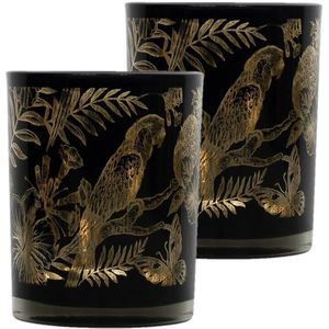 Set van 3x stuks theelichthouder/waxinelichthouder glas zwart 12 cm papegaai print - Windlichtjes/kaarsenhouders