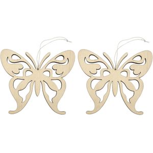 2x Vlinders ophang decoratie van hout - 16,5 x 14 cm - Decoratie vlinders - Dieren ornamenten
