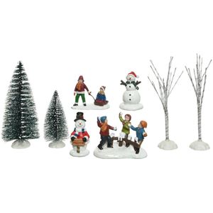 8x stuks kerstdorp accessoires figuurtjes/poppetjes en kerstboompje - Kerstdorp onderdelen kerstversiering