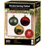 Kerstbal en piek set 91x licht goud-donkergroen-rood voor 150 cm boom - Kerstboomversiering