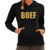 BOEF goud glitter tekst hoodie zwart dames- zwarte fun sweater/trui met capuchon