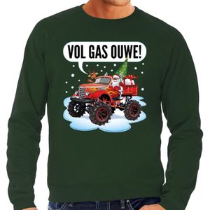 Grote maten foute Kersttrui / sweater - Santa op monstertruck / truck - vol gas ouwe - groen voor heren - kerstkleding / kerst outfit