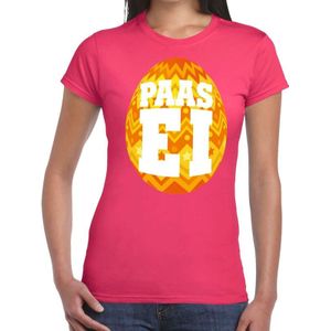Roze Paas t-shirt met oranje paasei - Pasen shirt voor dames - Pasen kleding