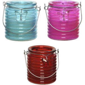 Set van 3x stuks citronella anti muggen kaarsen windlicht blauw, roze en rood 20 branduren